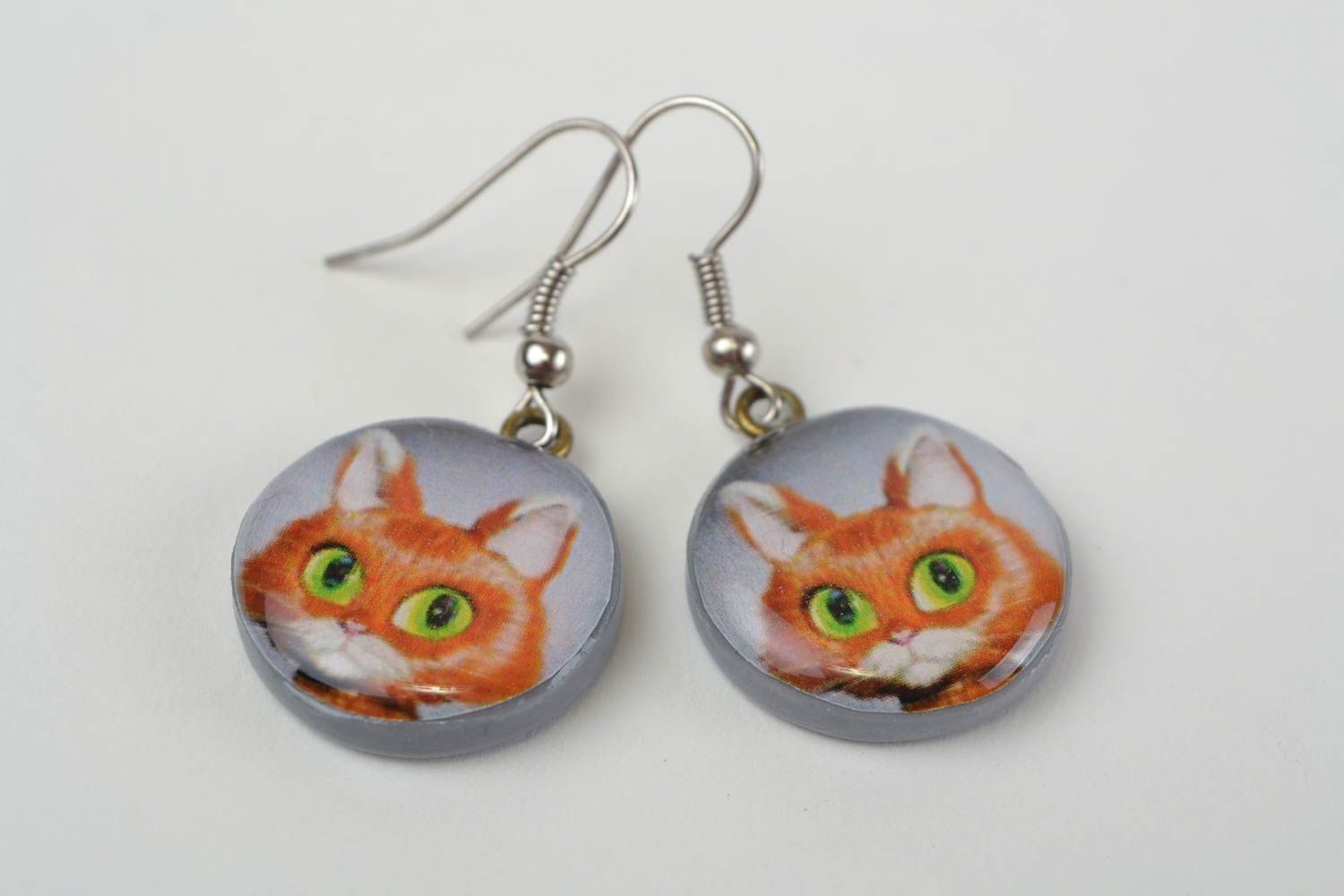 Handmade designer funny round polymer clay decoupage earrings with red cats photo 4
