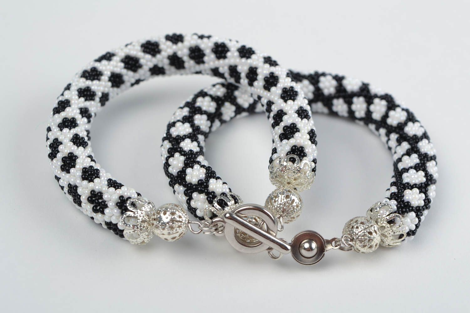 Corded beaded handmade black and white beautiful bracelets set of 2 pieces  photo 5