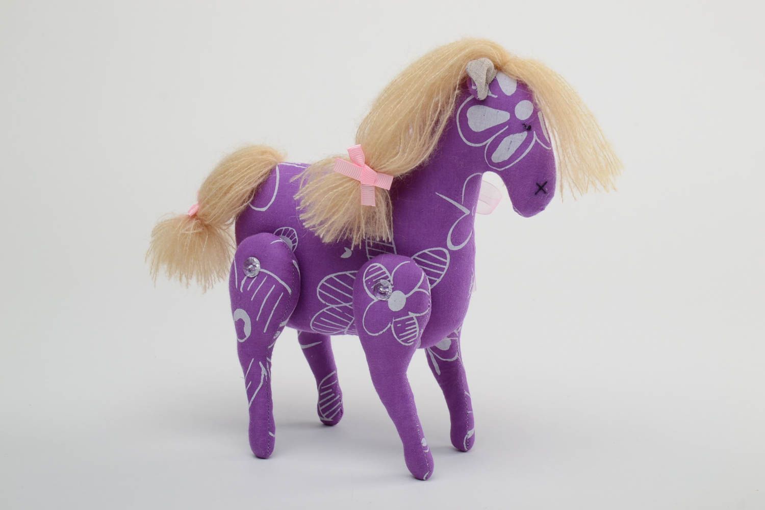 Handmade designer cotton fabric soft toy violet horse with beige threads mane photo 3