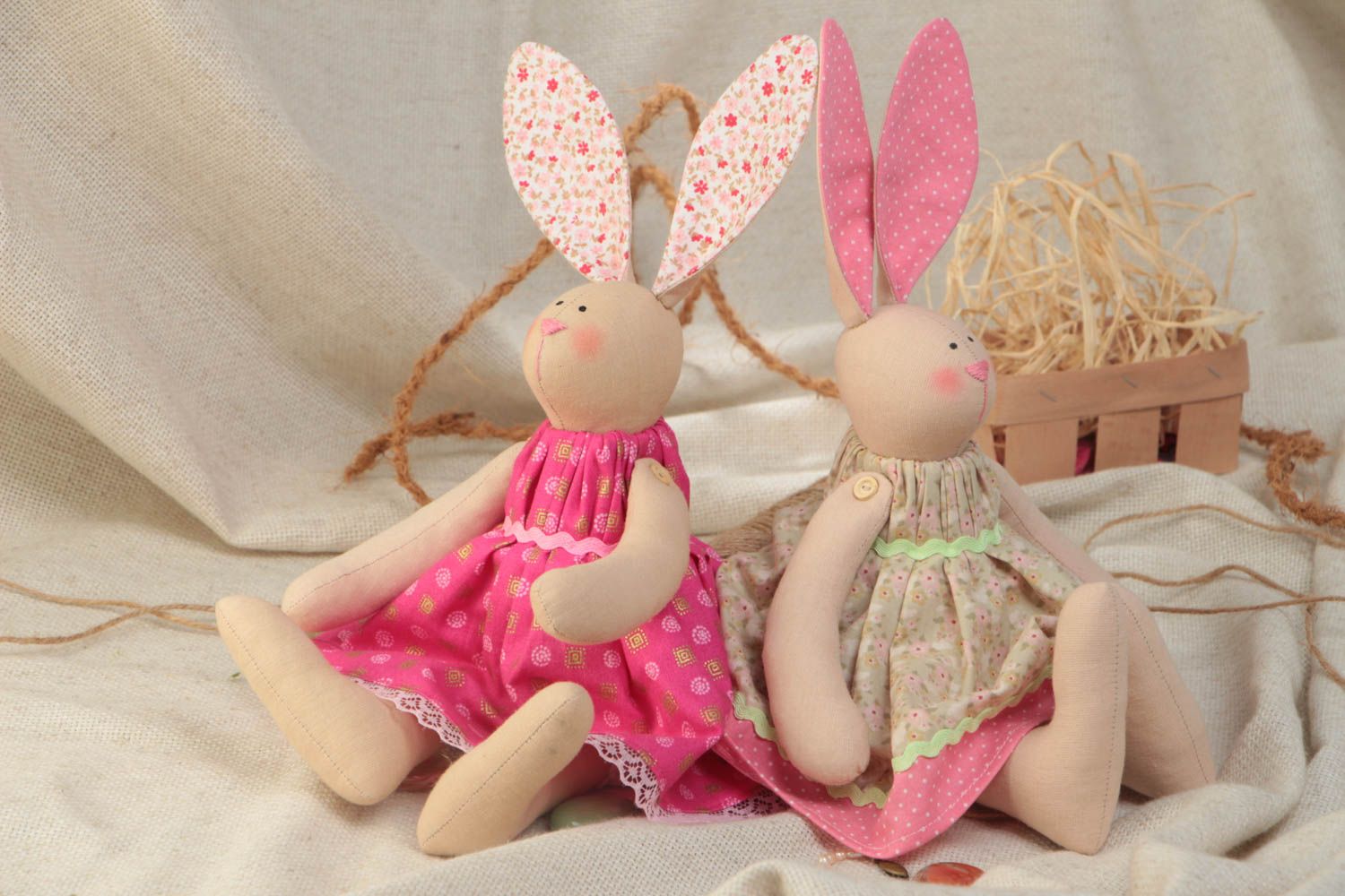 Set of 2 handmade designer cotton fabric soft toys rabbit girls in pink dresses photo 1