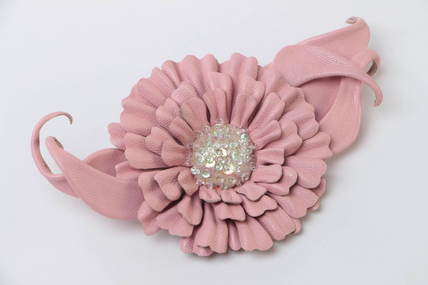 Unusual women's handmade leather flower brooch with pink gerbera photo 2