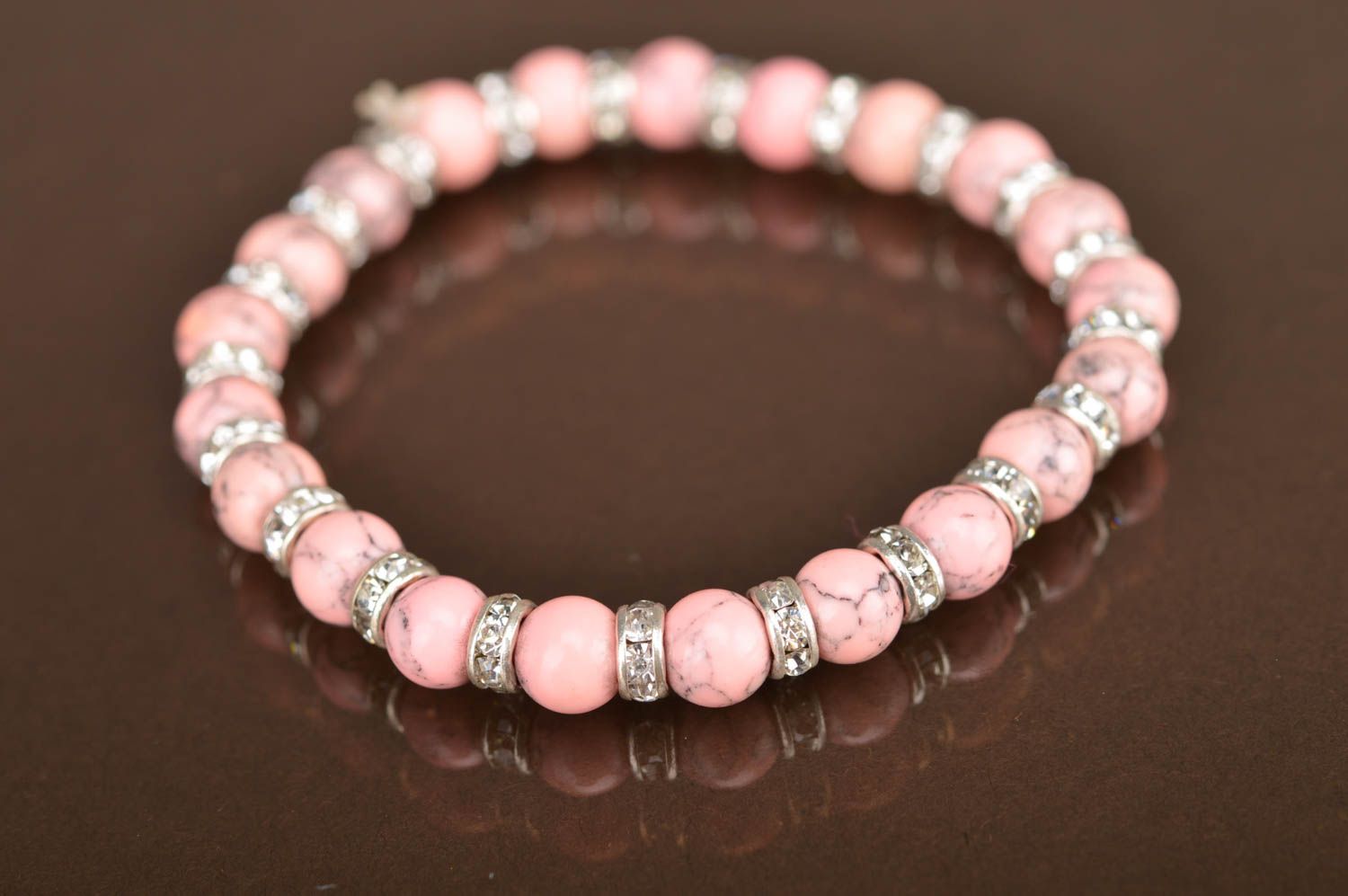 Unusual handmade designer women's elastic wrist bracelet with pink beads photo 3