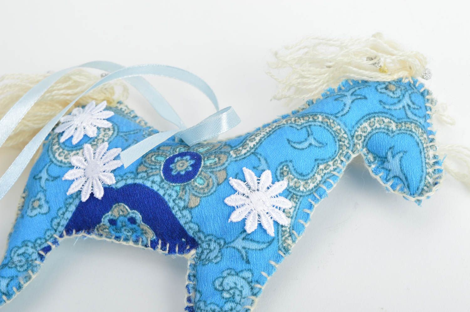 Handmade decorative wall hanging interior fabric soft toy blue rocking horse photo 3