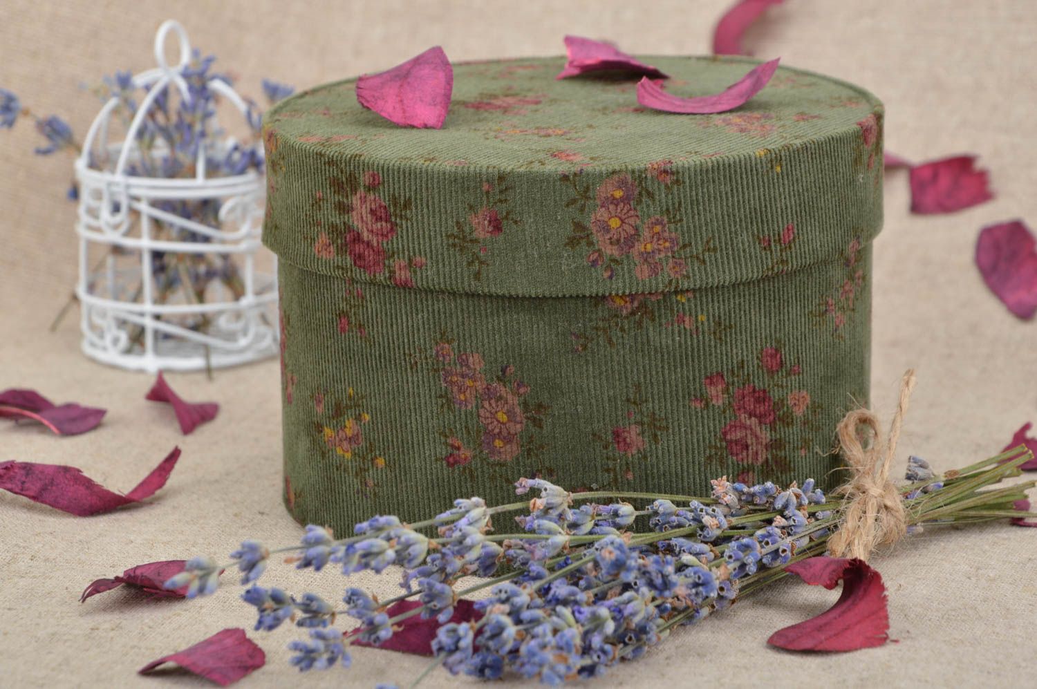 Handmade small green round jewelry box covered with fabric with flowers photo 1