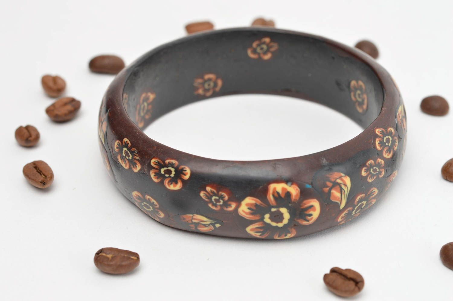 Polymer clay brown bangle bracelet with flowers photo 1