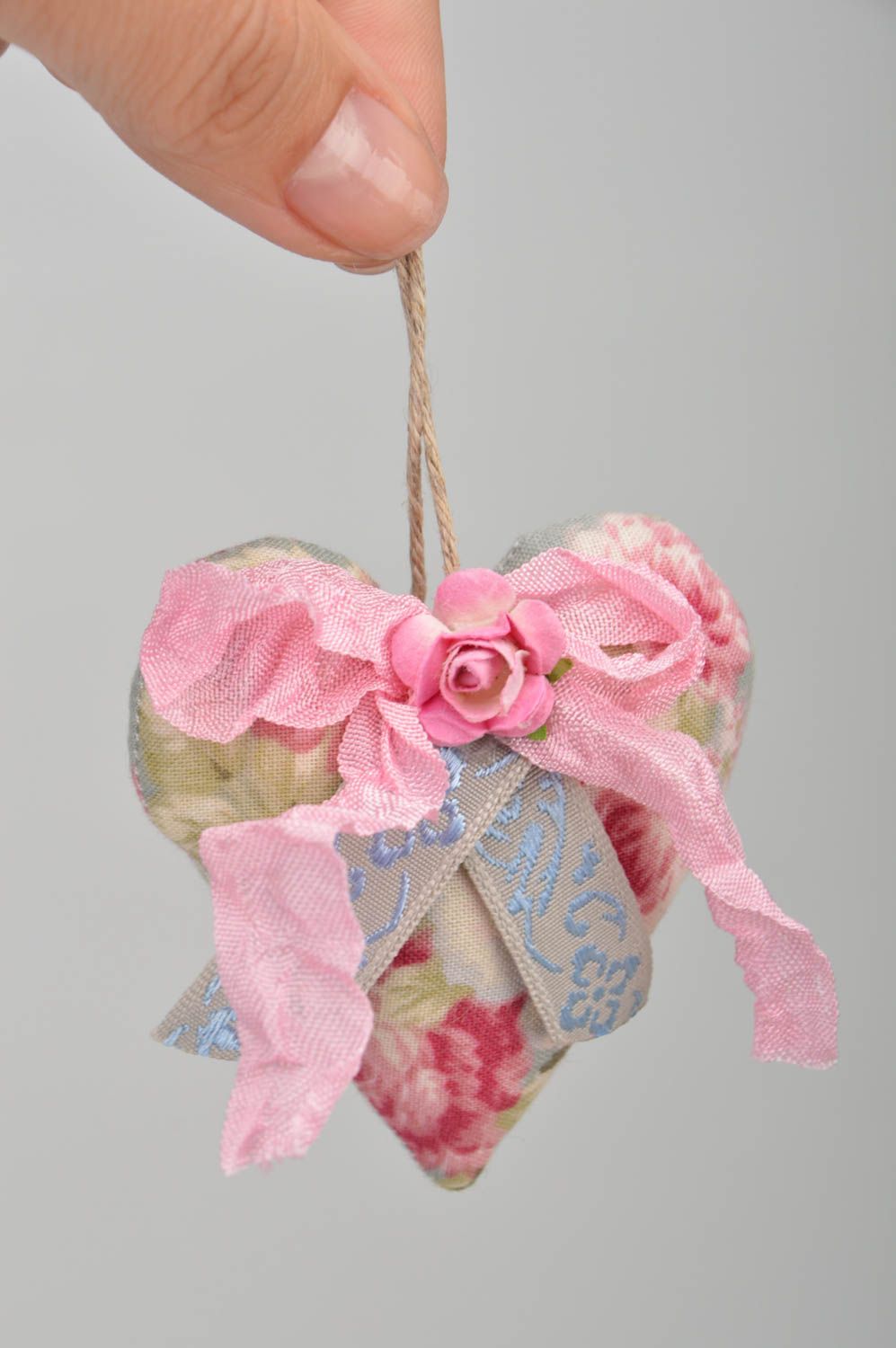Handmade designer interior wall hanging fabric soft heart toy with rose and bow photo 3