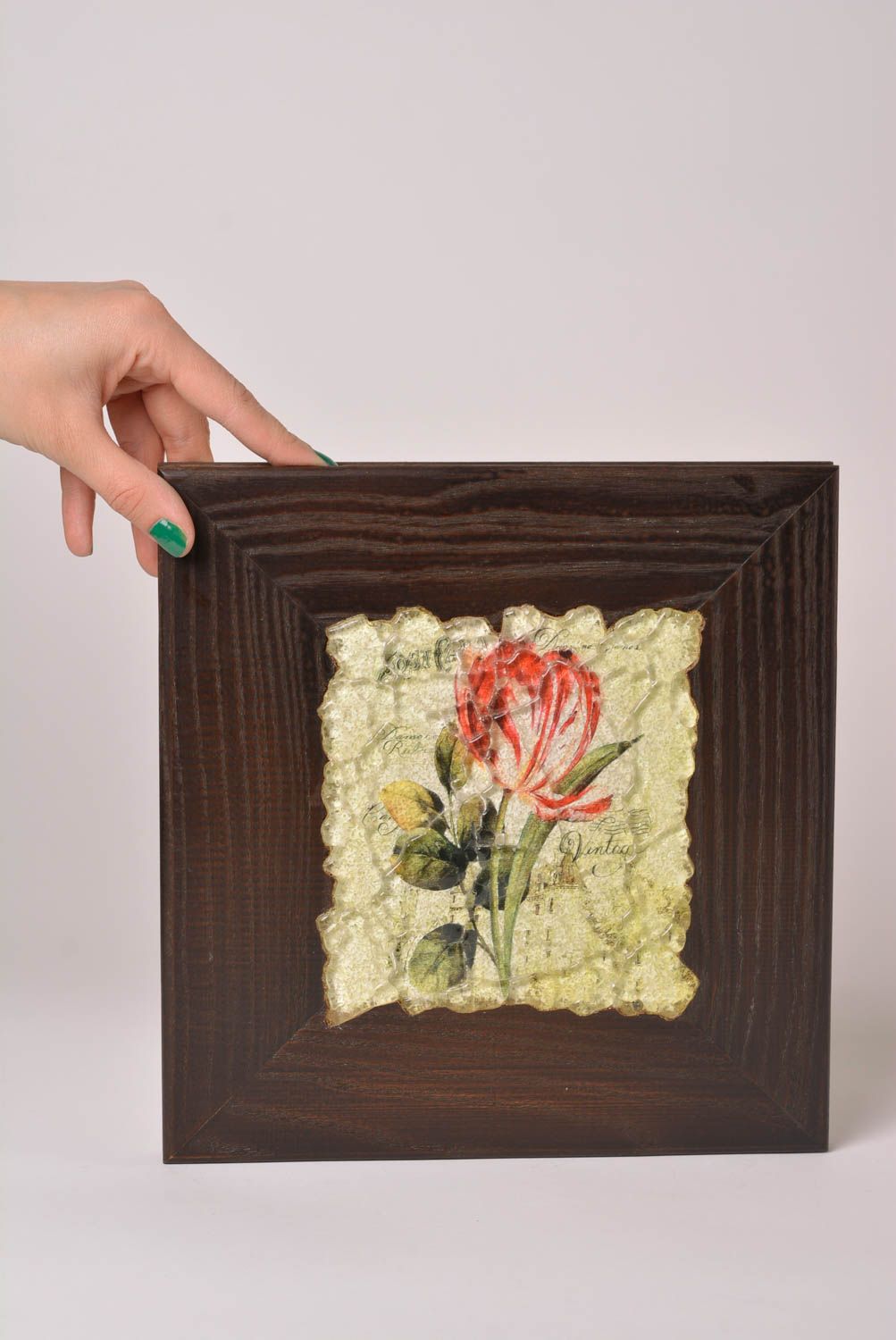 Tableau fleur de rose fait main Décoration murale verre bois Déco chambre photo 2