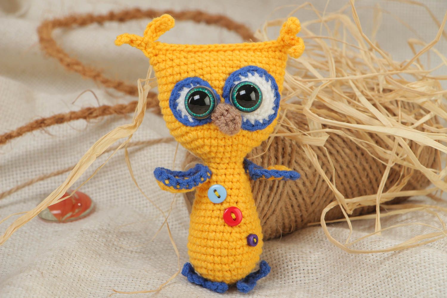 Small handmade crochet soft toy owl created of acrylic threads photo 1