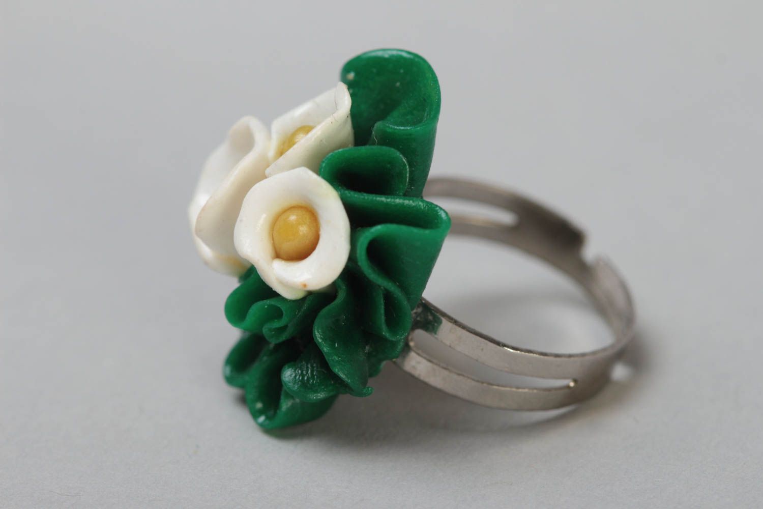 Handmade jewelry ring on metal basis with polymer clay white calla lily flowers photo 3