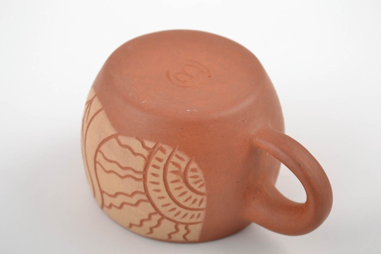 6 oz terracotta clay coffee cup with cave drawings and a handle photo 4