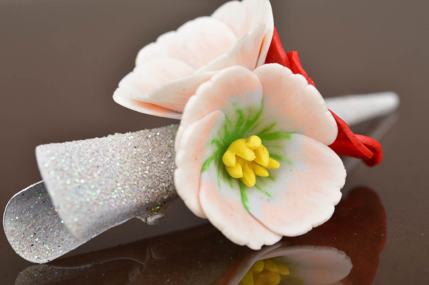 Handmade volume hair clip with flowers made of polymer clay of silver color photo 4