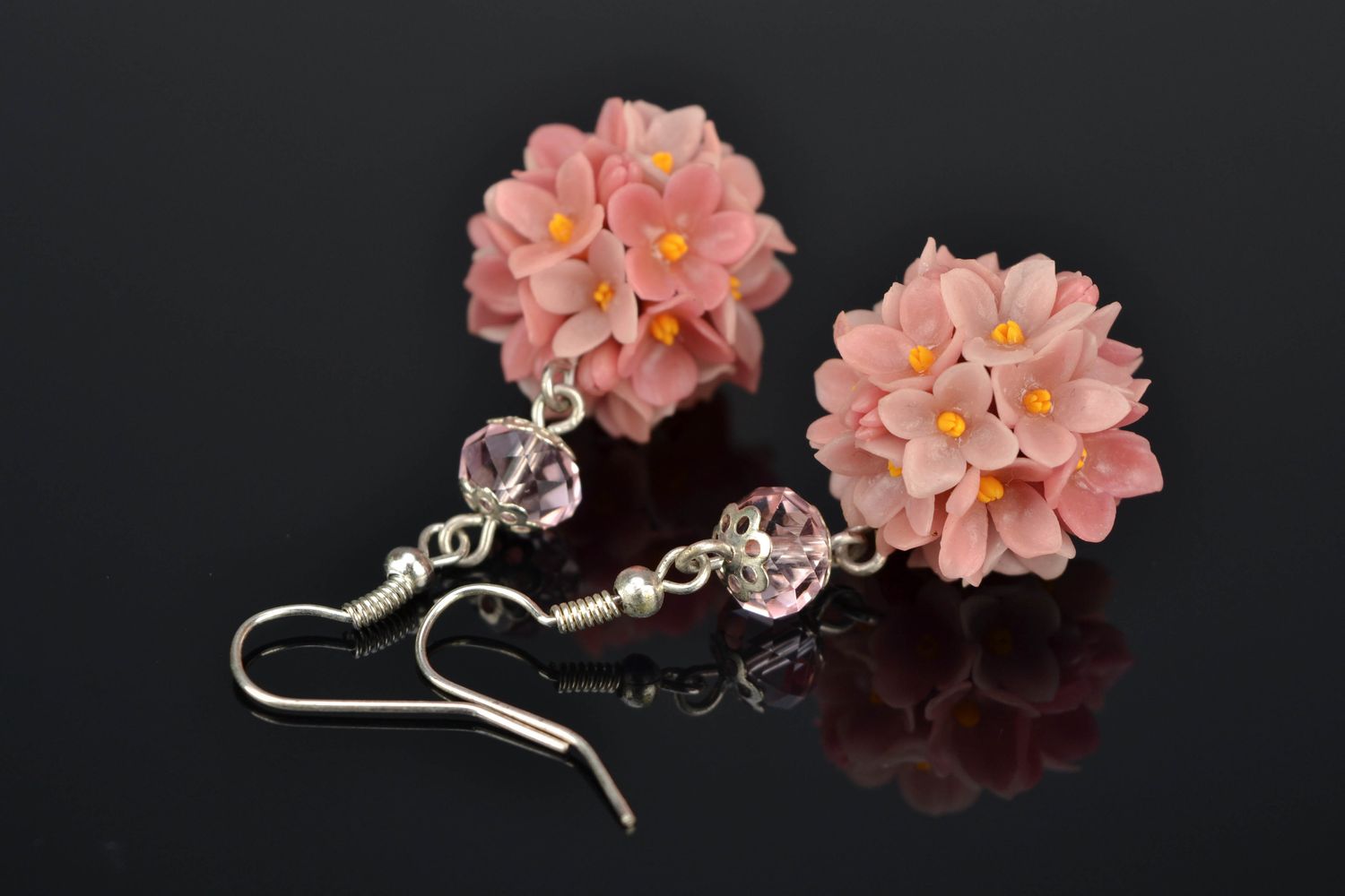Long polymer clay earrings in the shape of flower bouquets photo 1