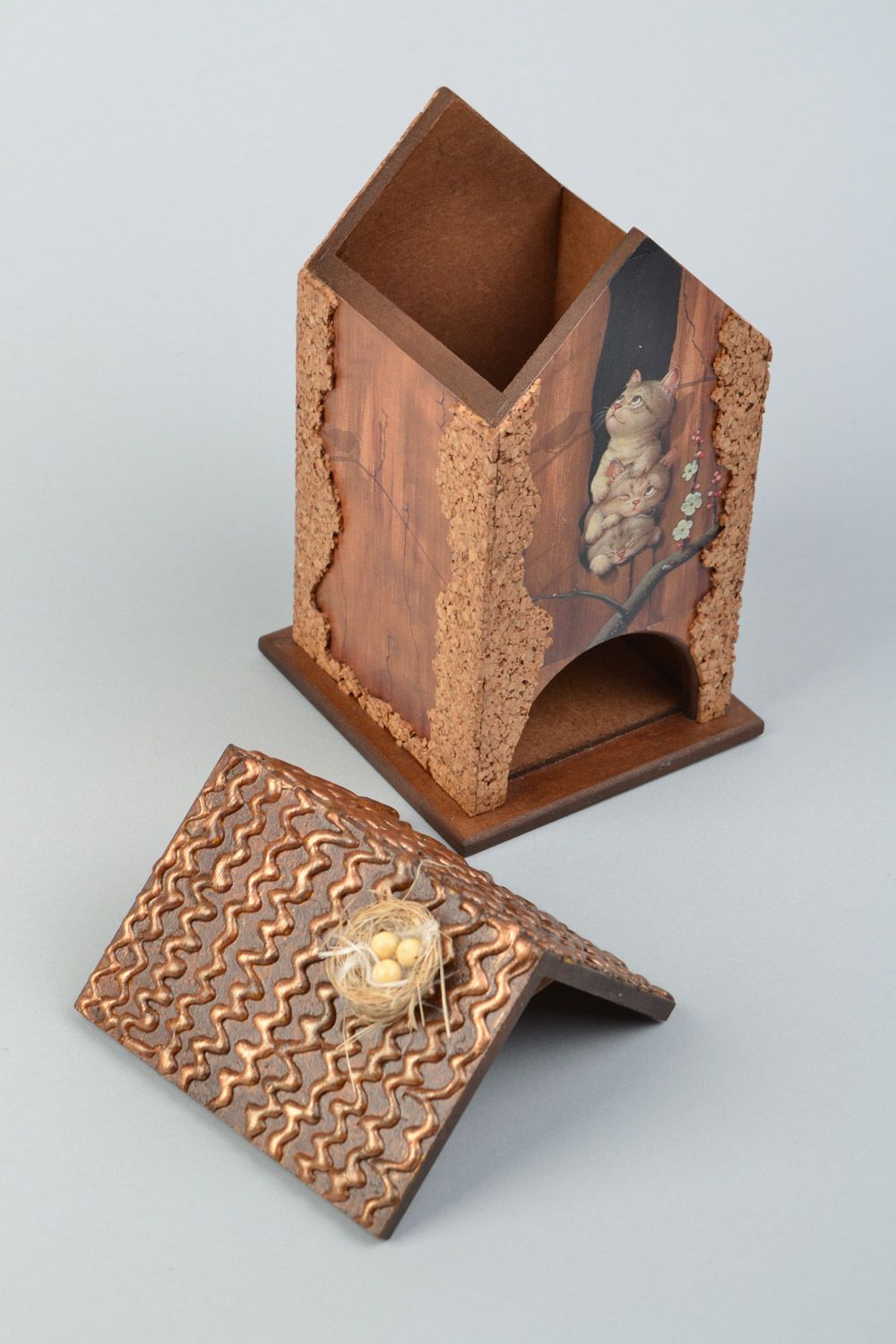 Caja de paquetes de té decoupage de fibra de madera artesanal bonita con gatitos foto 4