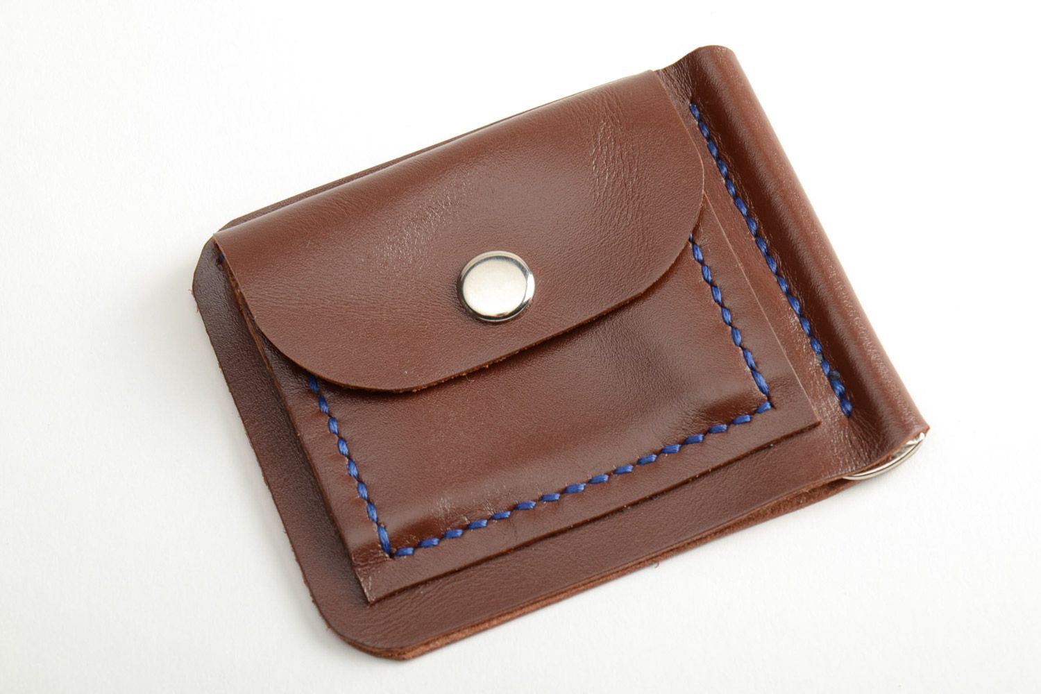 Portefeuille avec pince à billets brun vrai cuir compartiment monnaies fait main photo 3