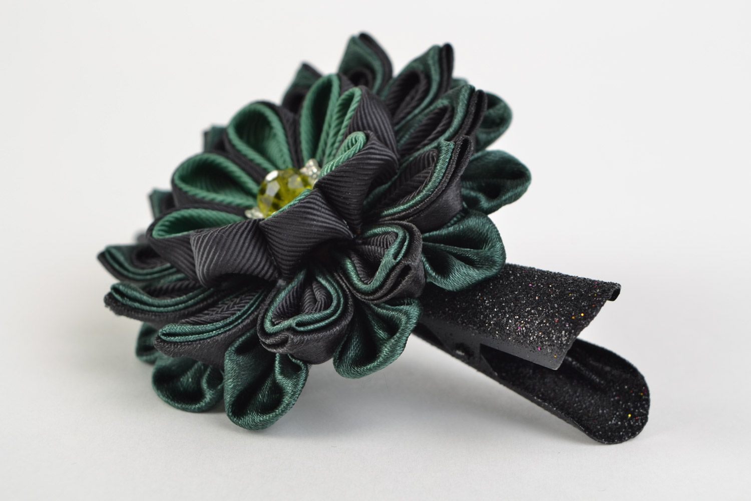Handmade beautiful hair clip made of satin and rep ribbons with crystal photo 2