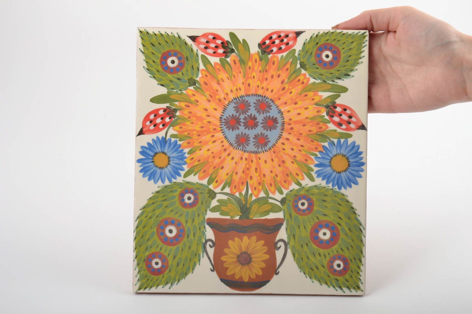 Handmade dekorative Wandplatte aus Ton quadratisch Sonnenblume bemalt bunt foto 2