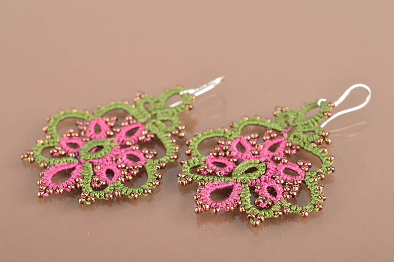 Beautiful women's handmade designer crochet tatted earrings with beads photo 5