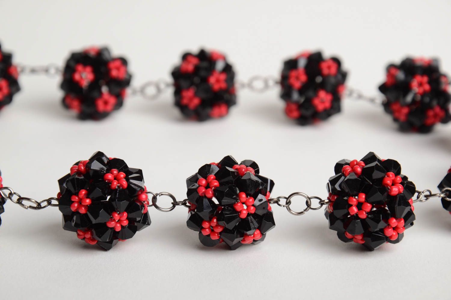 Handmade designer women's necklace crocheted of red and black Czech beads photo 3