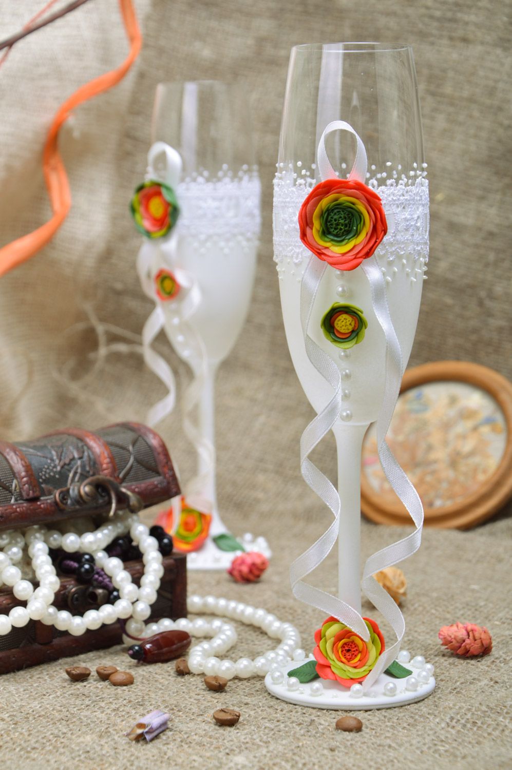 Flûtes en verre de mariage faites main design original fleurs dentelle 2 pièces photo 1