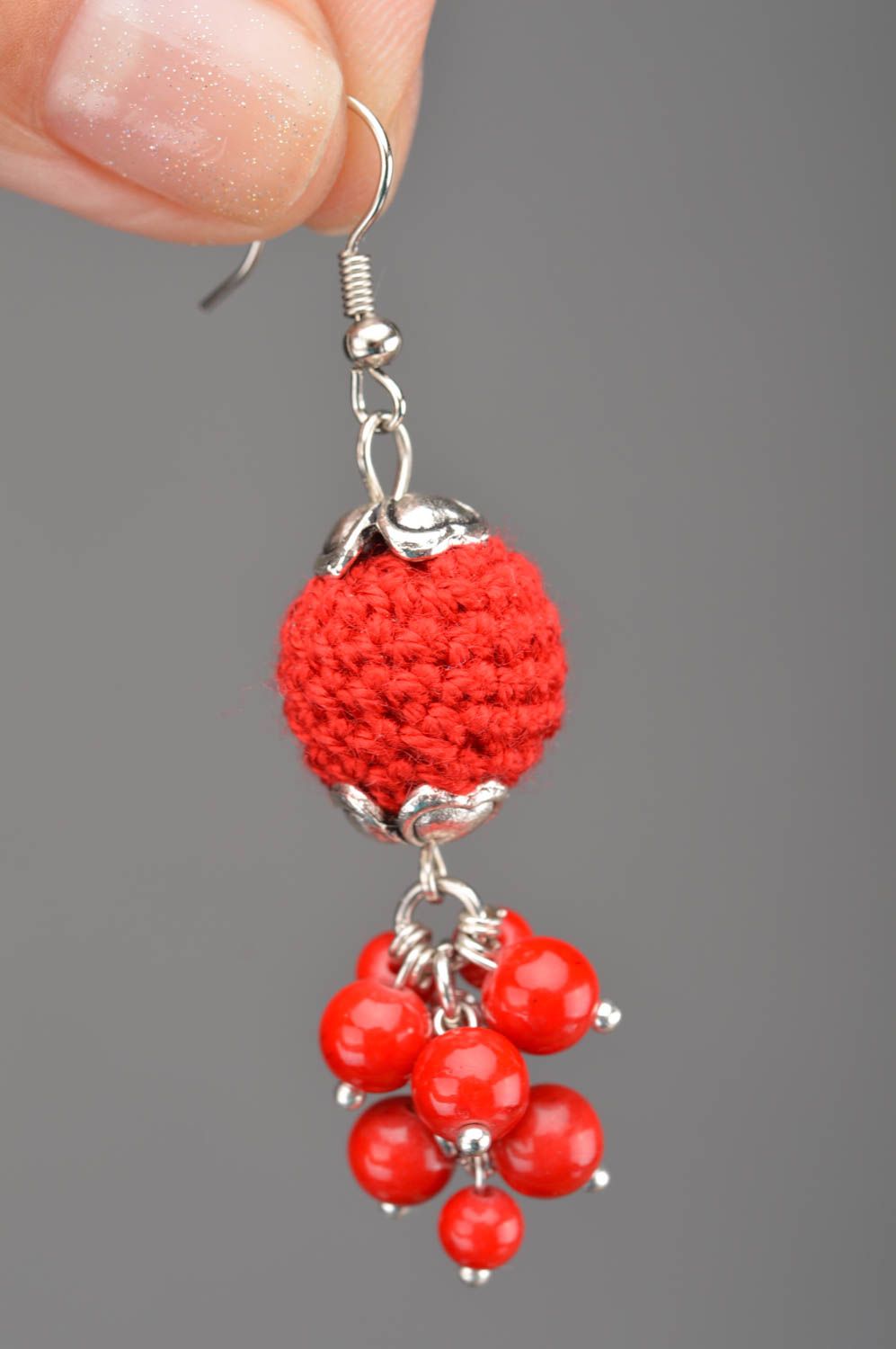 Designer earrings with red crocheted over beads handmade stylish accessory photo 2