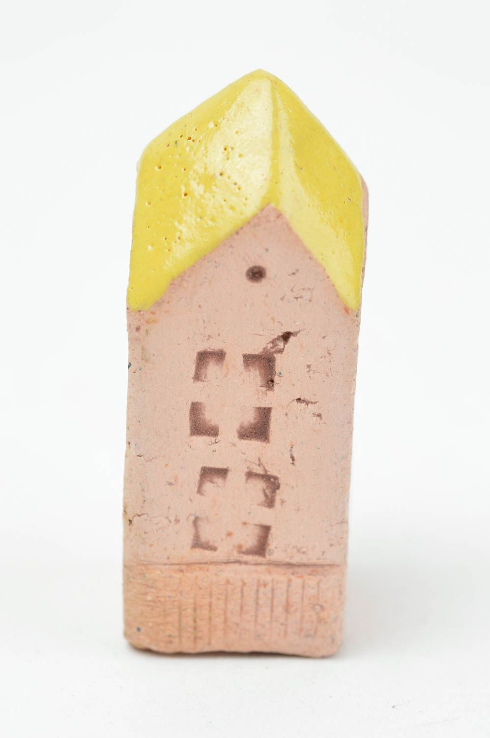Maisonnette miniature céramique brun clair avec toit jaune faite main originale photo 3