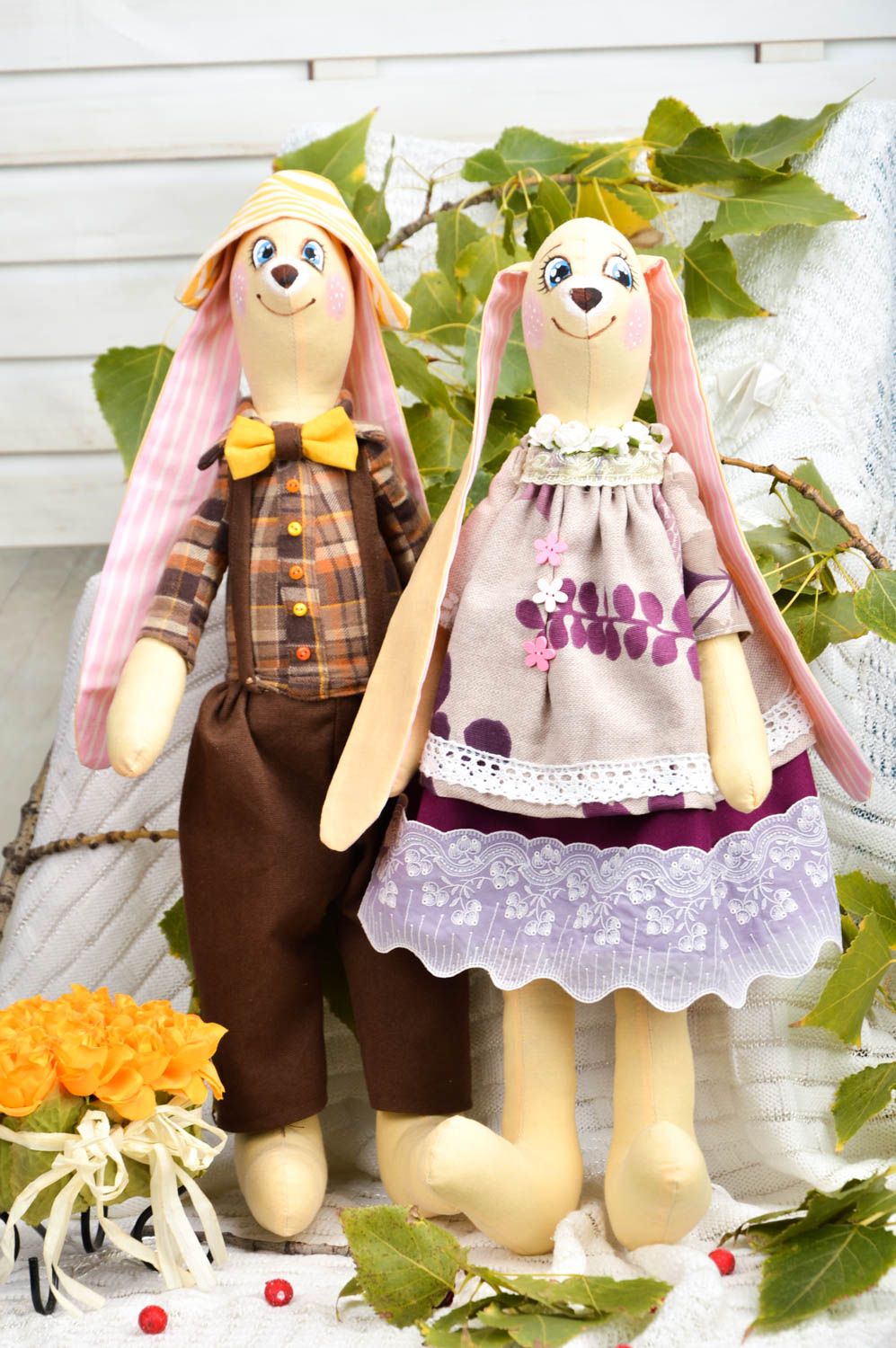 Handmade beautiful soft toys 2 stylish cute rabbits unusual textile toys photo 1