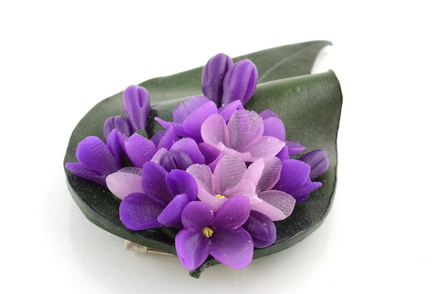 Blumen Handmade Brosche mit grünem Blatt und lila Blumen für festlichen Look foto 4
