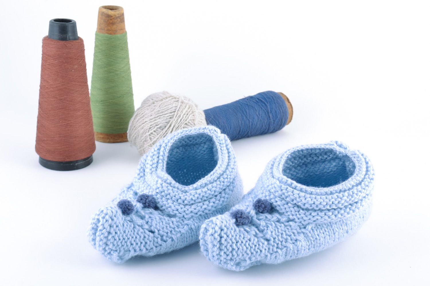 Light blue beautiful handmade slippers knitted of semi-woolen yarns for women  photo 1