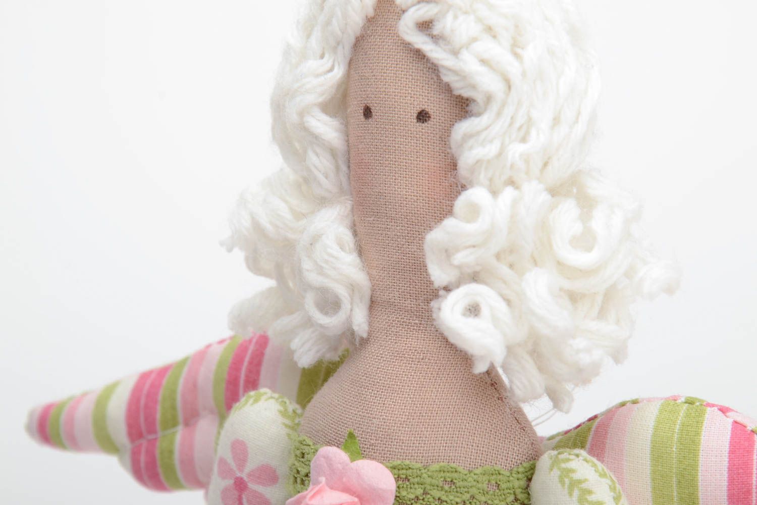 Handmade cotton fabric soft doll angel in floral dress with white hair  photo 3