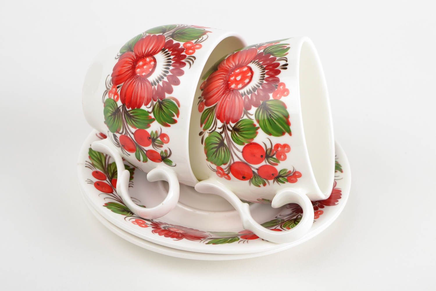 Set of 2 two ceramic porcelain white tea or coffee cups in bright floral Russian-style  photo 4