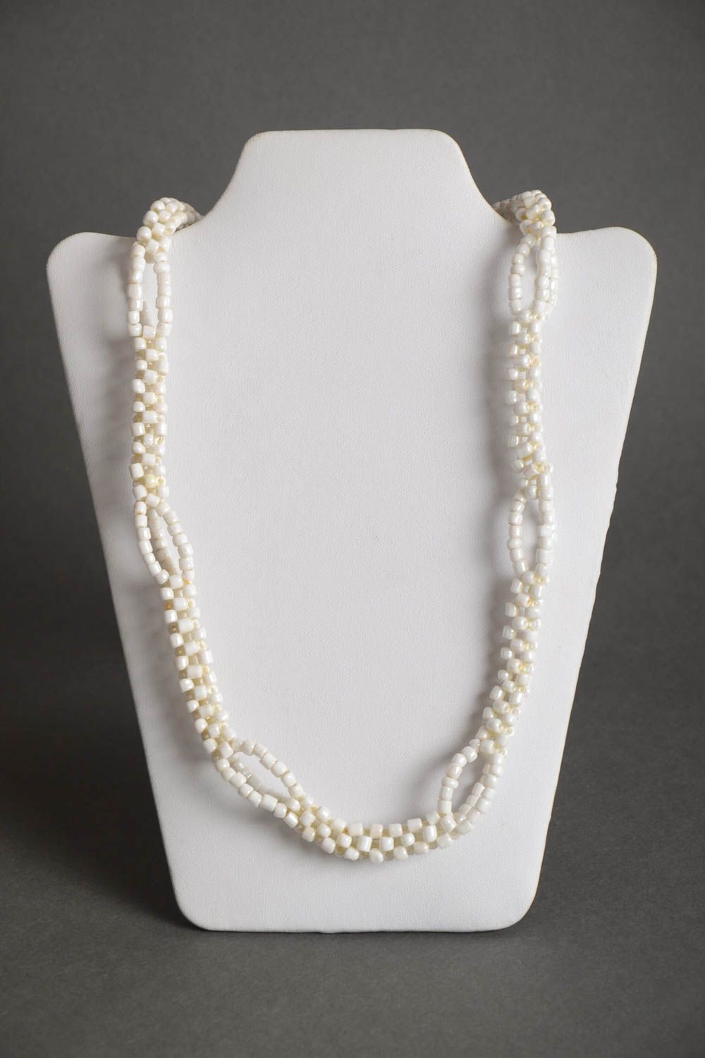 Handmade designer women's thin laconic crocheted beaded necklace of white color  photo 2