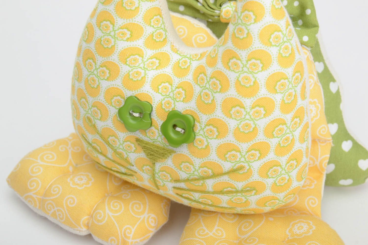 Handmade designer yellow and green cotton fabric soft toy cat door handle decor photo 3