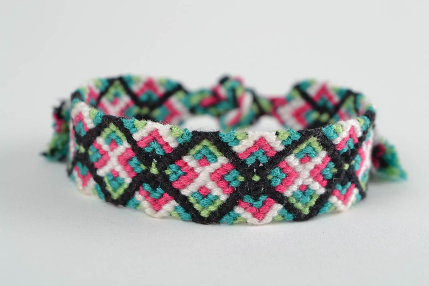 Beautiful bright handmade woven macrame wrist bracelet with ties photo 3