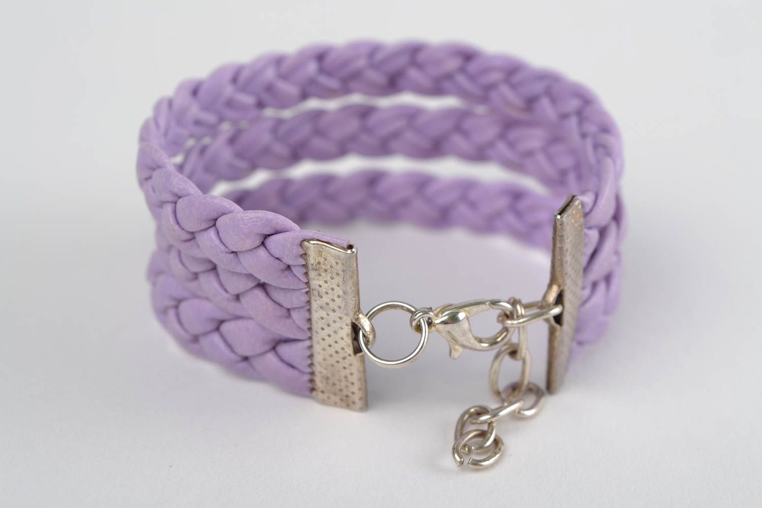 Handmade beautiful designer faux leather wrist bracelet of lilac color wide photo 4