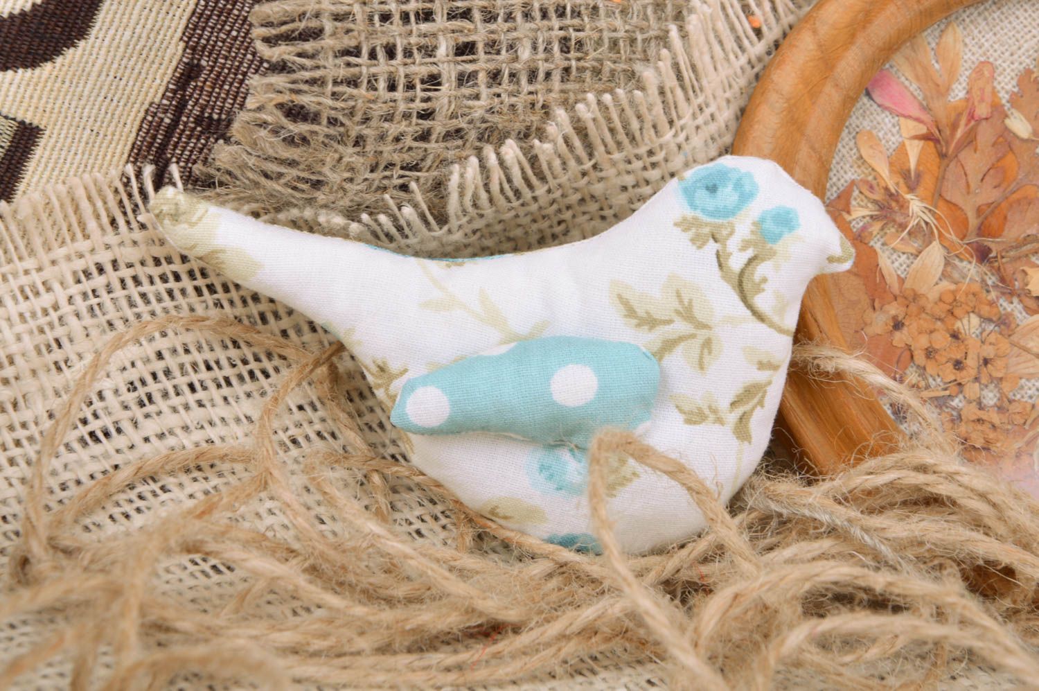 Unusual festive handmade designer fabric soft brooch with print in the shape of bird photo 1