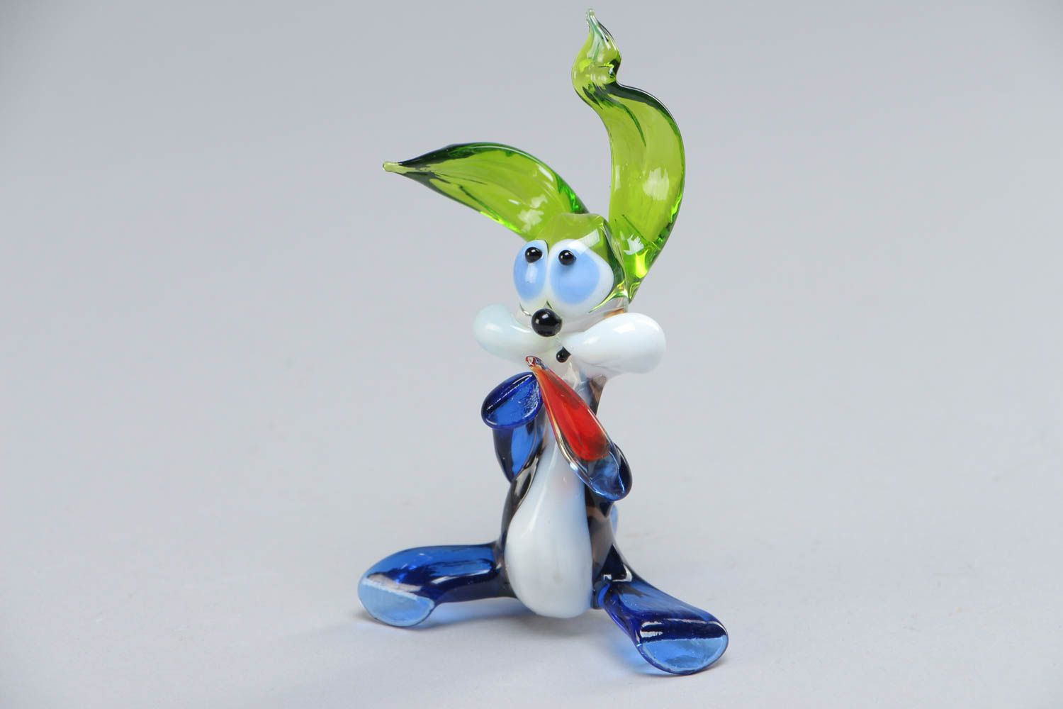 Handmade collectible lampwork glass animal figurine of rabbit with green ears photo 1