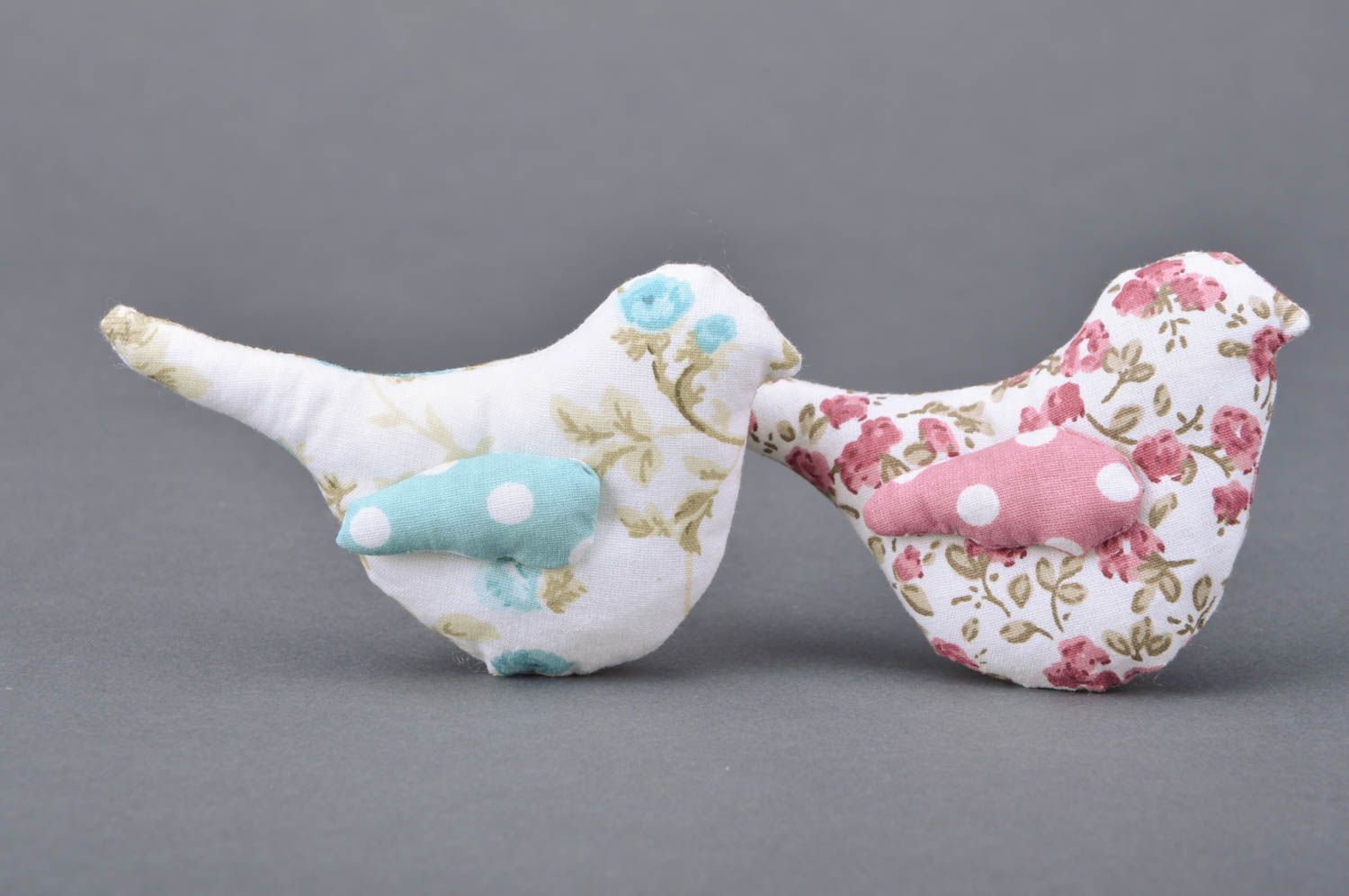 Handmade beautiful fabric brooches Birds set of 2 pieces with bright floral print  photo 2