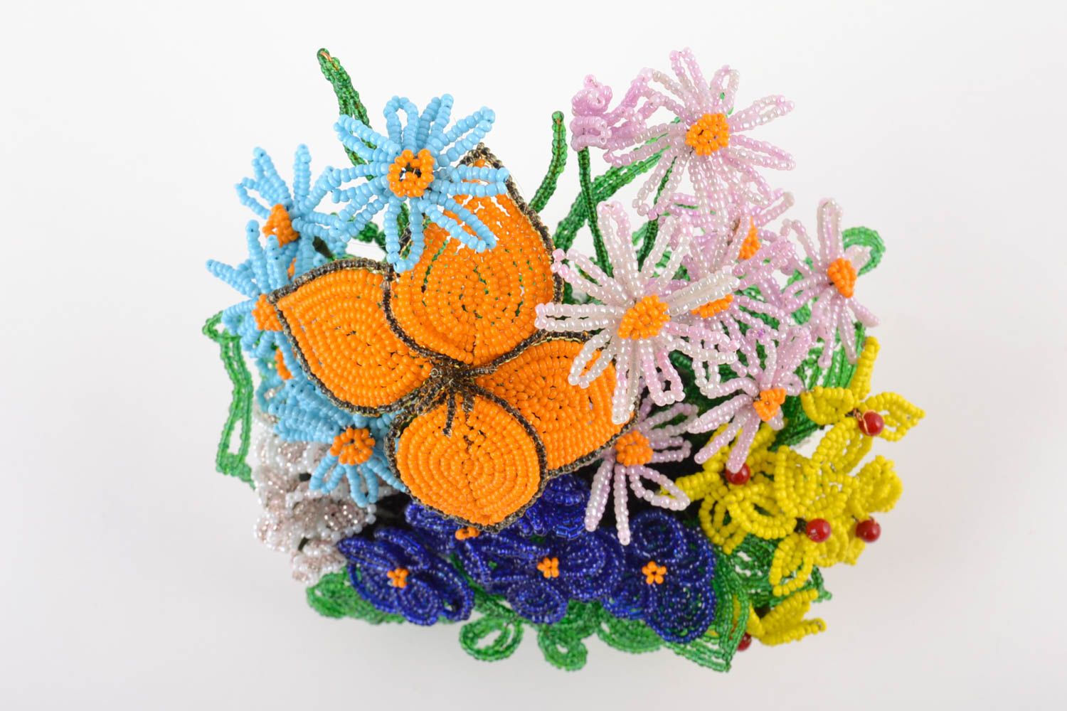 Handmade decorative volume bouquet of colorful bright beaded flowers with stand photo 4