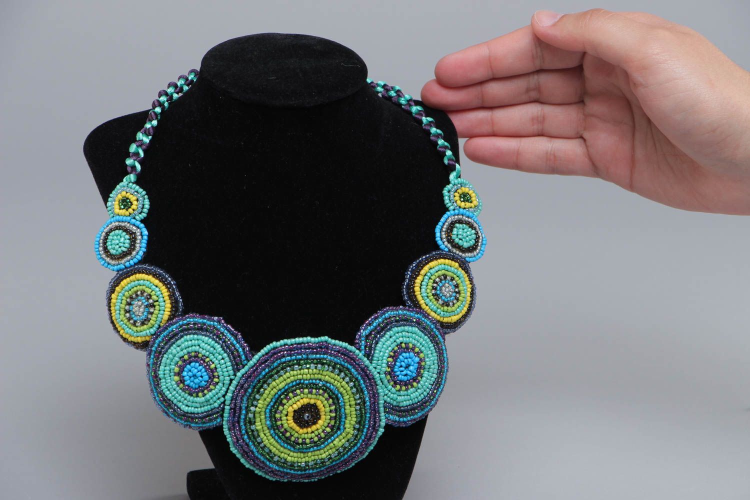 Handmade colorful beaded necklace on felt basis bright summer stylish accessory photo 5