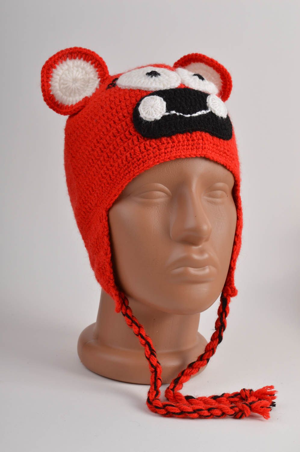 Bonnet tricot fait main Chapeau au crochet Accessoire d'hiver pour enfant rouge photo 2