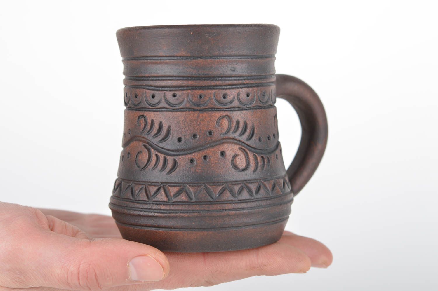 Small handmade designer ceramic mug with patterns 250 ml clay drinkware photo 3