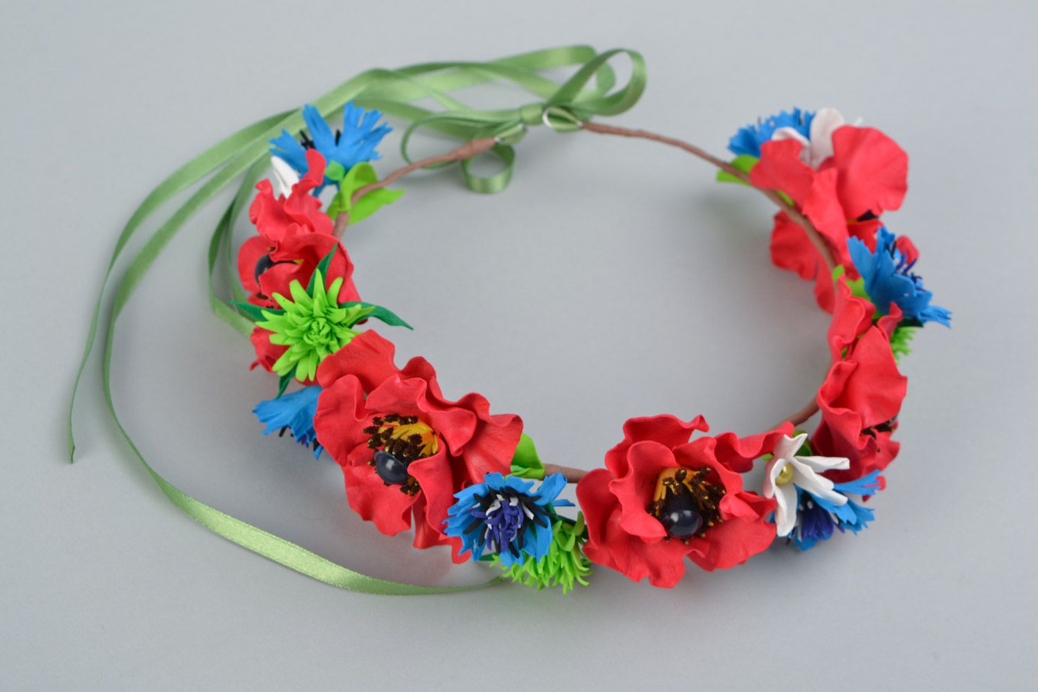 Handmade headband with artificial plastic suede flowers Red Poppies photo 1