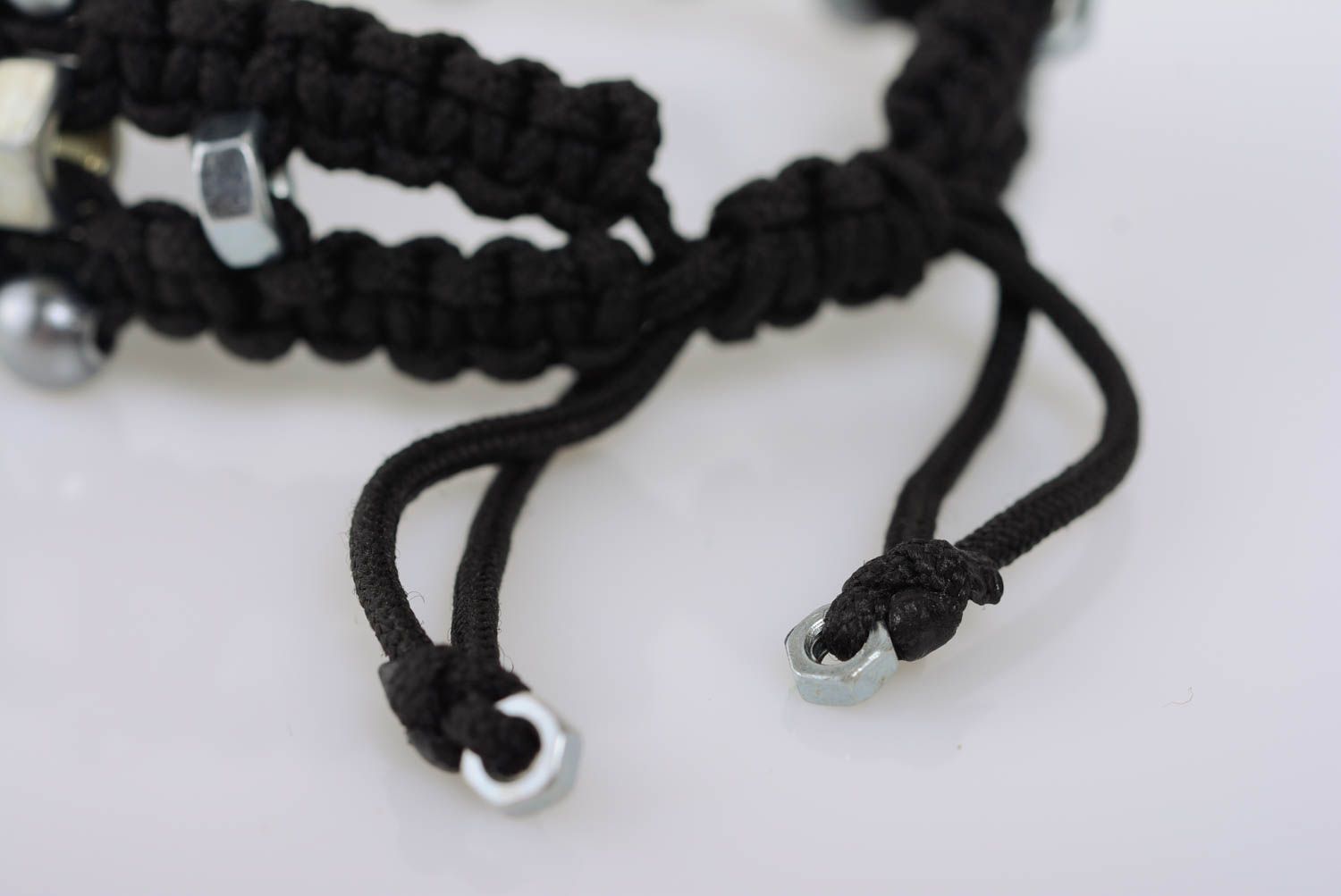 Black handmade woven macrame wrist bracelet with steel nuts adjustable size photo 5