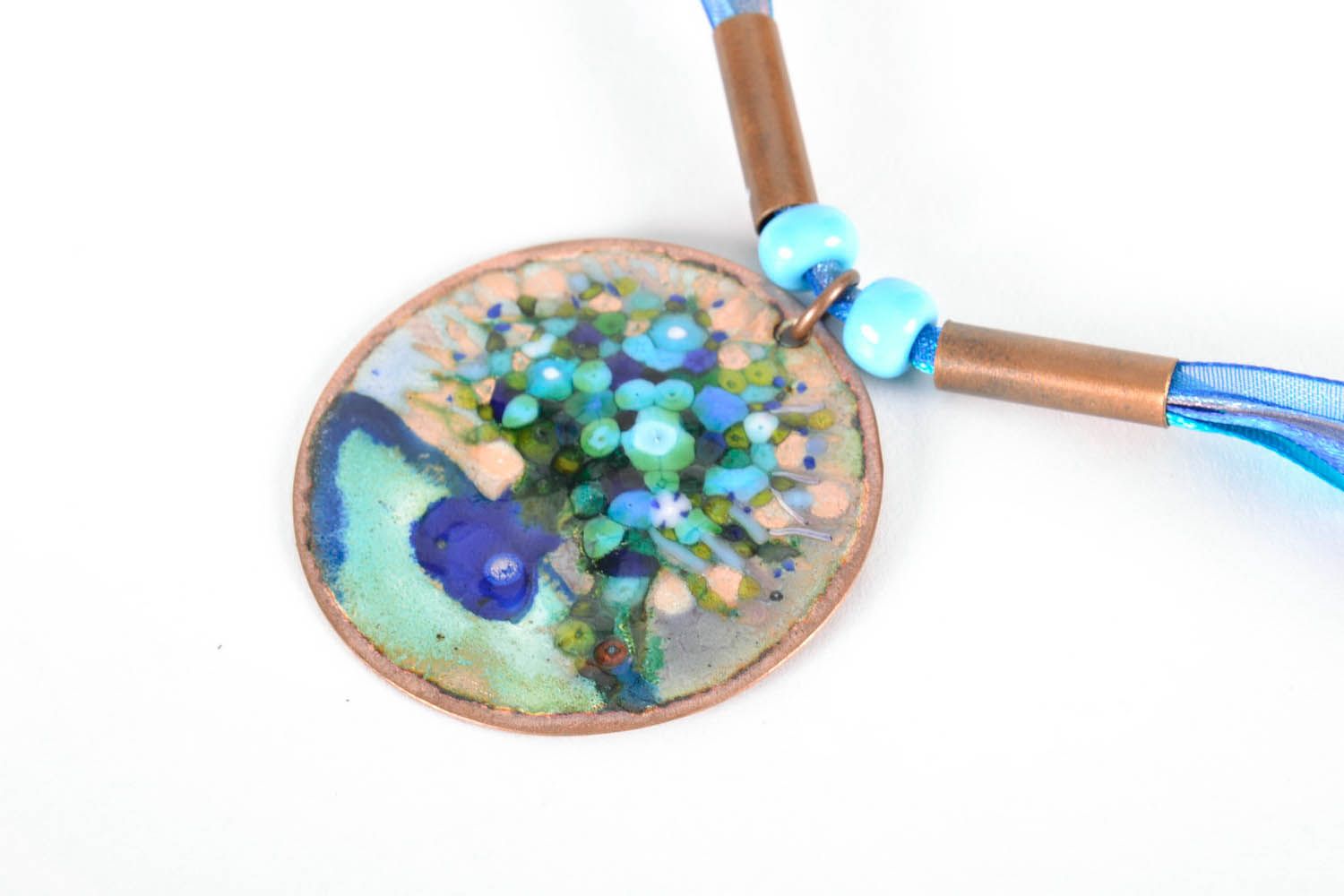 Copper pendant with enamel and ribbons photo 1