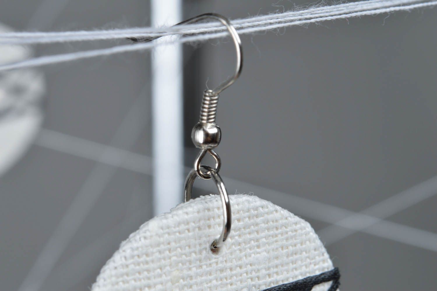 Beautiful handmade linen fabric designer earrings with rectangular pattern photo 2