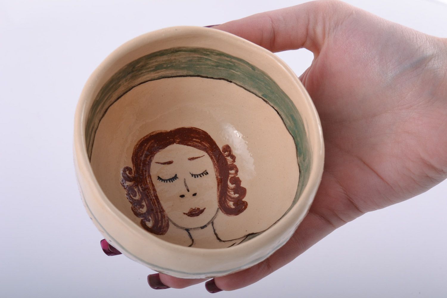 Small deep handmade white clay bowl painted with engobes 0.15 l photo 5