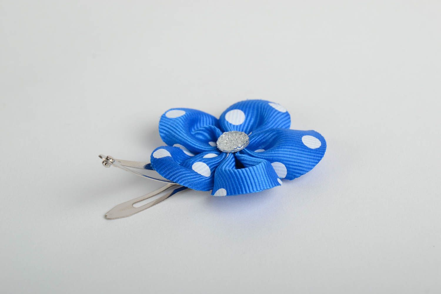Decorative hair clip with handmade satin ribbon flower blue and white polka dot photo 2