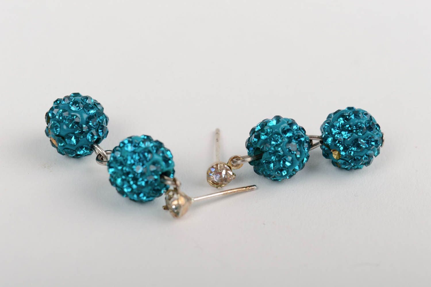Handmade stylish beautiful small blue ball earrings with charms photo 4