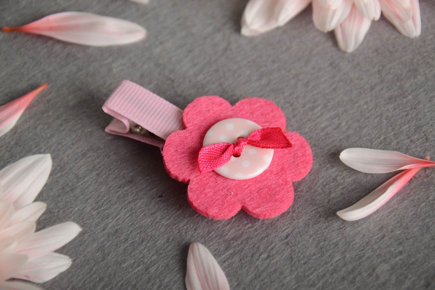 Children's hairpin pink flower with bow beautiful little handmade baby barrette photo 1