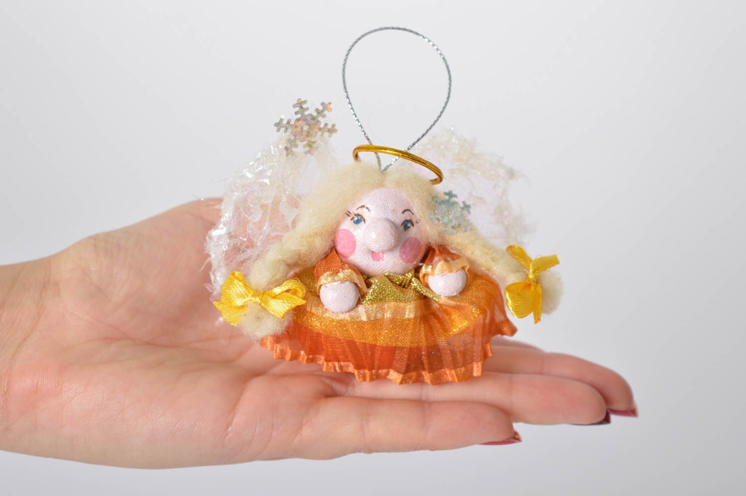 Елочная игрушка ручной работы детская игрушка ангел мягкая игрушка оранжевая фото 2
